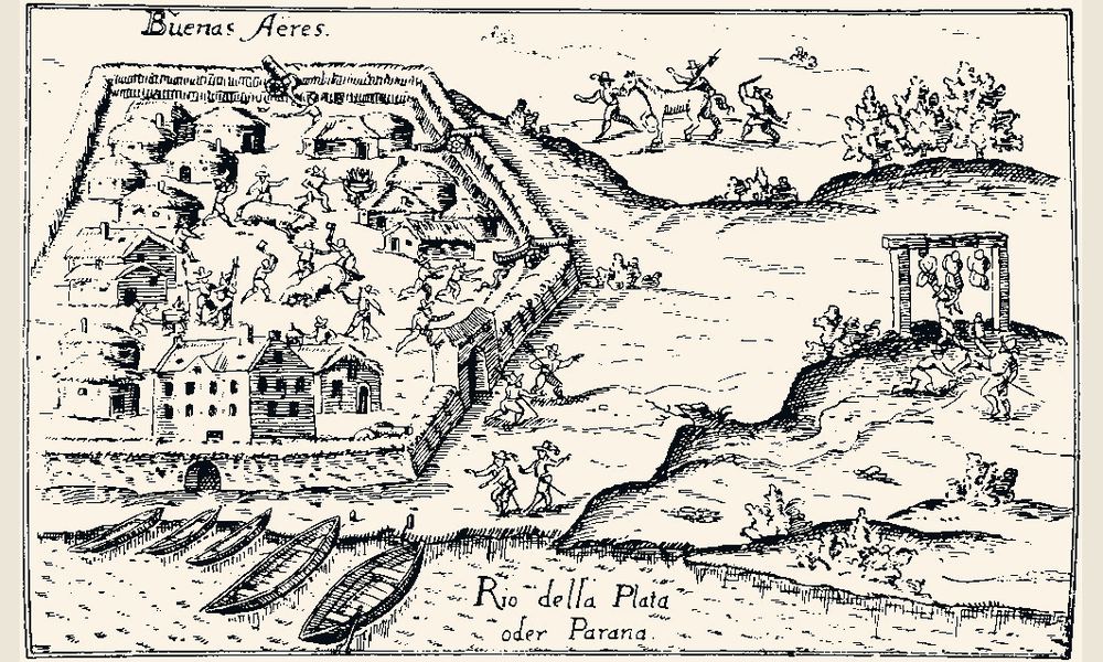 Die Anfänge von Buenos Aires – historischer Stich der Stadtgründung 1536